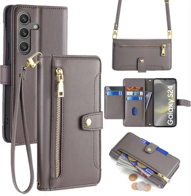 Produktbild von Handykette Samsung Hülle mit Band Handyhülle Kartenfächer Kunstleder Umhängetasche Galaxy S24 Grau