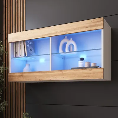 Produktbild von Komodee, Hängende Vitrine Schrank Tivoli, Wotan/Weiß, Breite 100cm x Höhe 50cm x Tiefe 29cm, LED Blau, 2 Regalböden, für Wohnzimmer, Schlafzimmer, Eingang