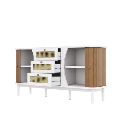 Produktbild von MERAX Sideboard Skandi mit 2 Schiebetüren und 3 Rattan-Schubladen, Rattanschrank Landhausstil Kommode mit Holzbeinen – Eiche Weiß/Walnuss