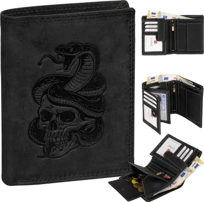 Produktbild von Geldbörse Herren Echt Leder RFID Portemonnaie Büffelleder mit geprägtem Motiv Schwarz Hochformat Schlange