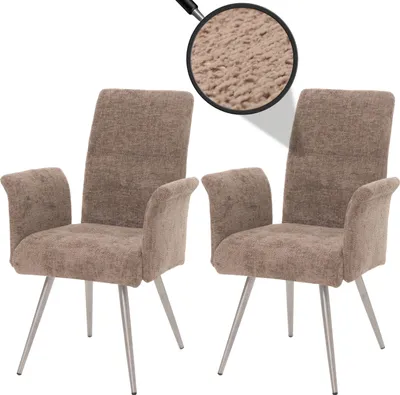 Obrázok produktu pre súprava 2 jedálenských stoličiek HWC-G55, stolička s podrúčkami, brúsená nehrdzavejúca oceľ tkanina/textilný šenil Oeko-Tex ~ hnedá