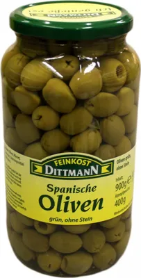 Produktbild von Feinkost Dittmann Spanische Grüne Oliven ohne Stein im Glas 900g