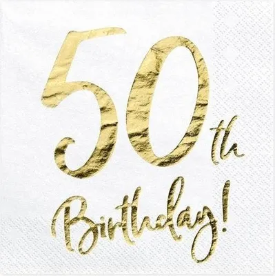 Image de Serviettes de table '50th Birthday' pour le 50ème anniversaire, blanches, 33x33cm (1 op / 20 pcs)