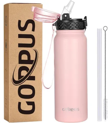 Productafbeelding van RVS drinkfles met rietje, 600 ml, roze, BPA-vrij, vacuümgeïsoleerd