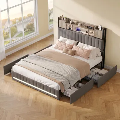 Image de Lit INONEFT 160 x 200 cm avec tiroirs, lit coffre, lit rembourré avec 4 tiroirs, barre lumineuse LED et port de charge USB, revêtement en lin