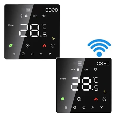Two smart WiFi thermostats are displayed against a white background, with a Wi-Fi symbol overlaying the image.