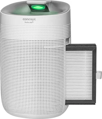 A white air purifier with a filter shown next to it.