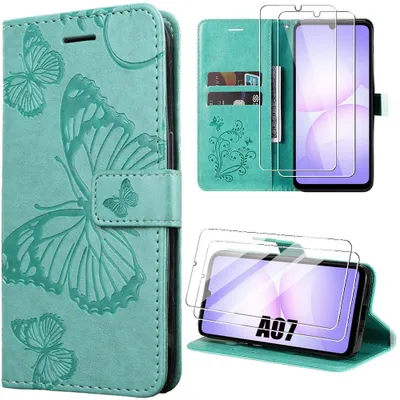 Image de Coque + 2 Verres Trempés pour Samsung Galaxy A07, Flip Case Antichoc en Simili Cuir Motif Papillons - Vert