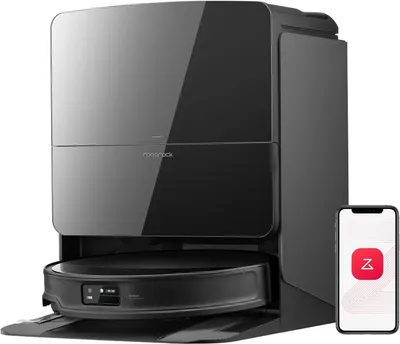 A black robot vacuum cleaner with its charging dock and a smartphone displaying an app interface.