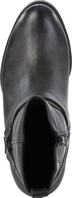 A top-down view of a single gray and black boot.