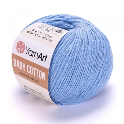 A ball of light blue yarn with a label wrapped around it, shown against a white background.
