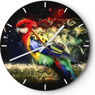 Produktbild von Wanduhr - Rund - Glasuhr - Papagei Vogel Feder - 30x30cm - Schleichendes Uhrwerk - Lautlos - zum Aufhängen bereit - Dekoration Modern - Wanddekoration aus Glas - C3AR30x30-3682