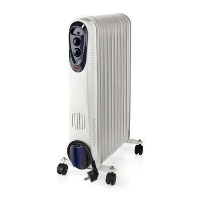A white oil-filled radiator with 11 fins, on wheels, with a black power cord wrapped around its base.