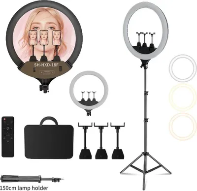 Zdjęcie produktu dla 18-calowa lampa pierścieniowa, dwukolorowa temperatura, regulowana wysokość statywu, zestaw statywów 150 cm