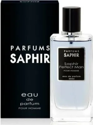 A bottle of Saphir Perfect Man Eau de Parfum and its packaging are displayed against a white background.
