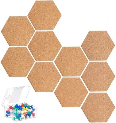 Productafbeelding van Ibenzoa® Zelfklevende, zeshoekige kurkplaten, set van 10 stuks (21,5 x 18,5 x 0,6 cm), 40 kleurrijke puntdrukkers, gemaakt van 100% natuurlijk kurk – prikborden voor woon- en kantoordecoratie