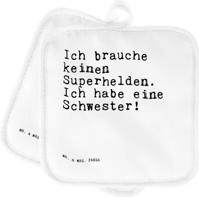 Produktbild von Mr. & Mrs. Panda Topflappen Ich brauche keinen Superhelden.... - Weiß - Geschenk, Set, topfhalter, Schwester Spruch, Dankeschön, Geburtstag, Kochlappen, Geburt, Sprüche