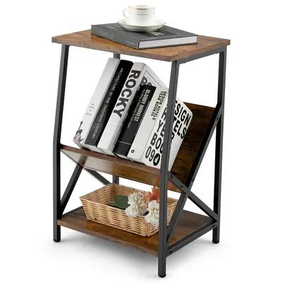 A three-tiered side table with a rustic wood finish and black metal frame, displayed against a white background.