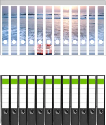 Produktbild von Wallario 12 Stück schmale Ordner inkl. Klebeetiketten mit Motive Rettungsring am Strand bei Sonnenuntergang -  Set mit Rückenschildern / Ordnerrücken Stickern