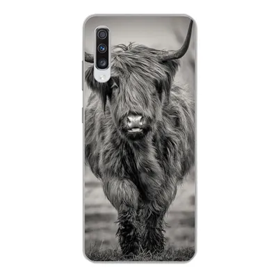 Produktbild von MuchoWow® Handyhülle Schutzhülle Hülle für Samsung Galaxy A70 Schottischer Highlander - Schwarz und Weiß Silikon Softcase Handy Hülle - Schutzhaube