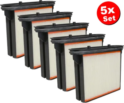 A set of five vacuum cleaner filters arranged diagonally on a white background.