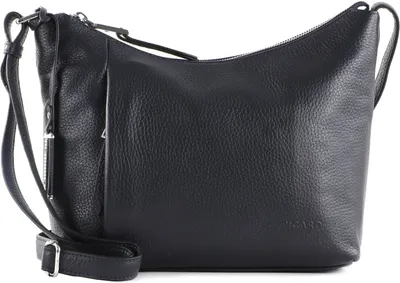 A studio shot of a black leather handbag.