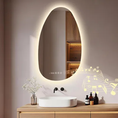 Immagine prodotto di S'AFIELINA 85 x 50 cm specchio da bagno con illuminazione Asimmetrico con 3 colori di luce dimmerabili, antiappannamento, Bluetooth, orologio, temperatura, funzione memoria