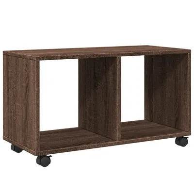 A brown wooden storage unit with two open compartments and wheels on a white background.