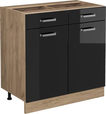 Produktbild von Vicco Spodní skříňka kuchyňské linky R-Line, 80 cm bez pracovní desky, Černý vysoký lesk/Zlatý mocný dub