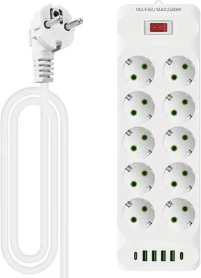 Produktbild von Steckdosenleiste mit 10 Steckplätzen – 4 USB-Ladeanschlüsse + 2 USB-C-Anschlüsse