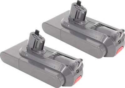 Two gray vacuum cleaner batteries are shown against a white background.