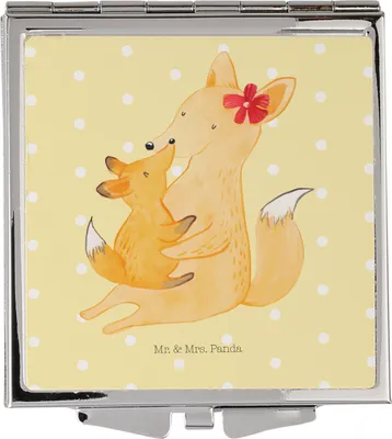 Produktbild von Mr. & Mrs. Panda Schminkspiegel Fuchs Mama - Gelb Pastell - Geschenk, Mutter, Kosmetikspiegel, Muttertag, Umarmen, Frauen Spiegel, Schoß, Kleiner, Taschenspiegel