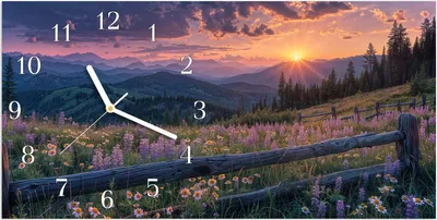 Produktbild von Wanduhr aus Glas mit Motiv Sonnenuntergang Wiese- 60 x 30 cm - inkl. Aufhängesystem