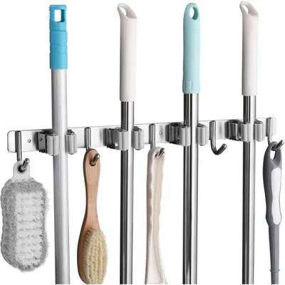 Produktbild von Wandhaken für Besen aus Edelstahl, mit 4 Halterungen und 5 Haken, für Küche und Badezimmer, grau