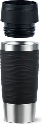 A black travel mug with a textured wave pattern and a silver base, shown with its black lid.