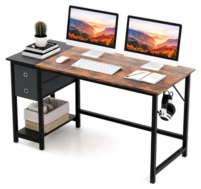 Produktbild von Computertisch im Vintage-Stil mit 2 herausziehbaren Stoffschubladen und Regal, Arbeitstisch mit seitlichem Haken, geeignet für Büro und Arbeitszimmer (140 x 60 cm)