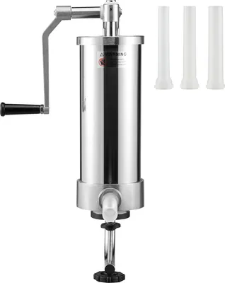 A stainless steel sausage stuffer with three filling tubes.
