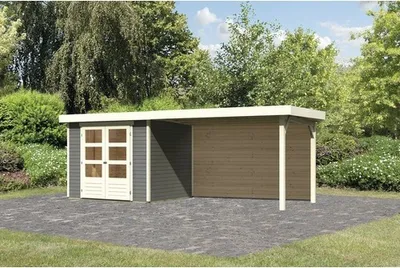 Produktbild von Gartenhaus Karibu Kodiak 3 inkl. Anbaudach 2,8 m, Rückwand 528,5 x 238 cm terragrau
