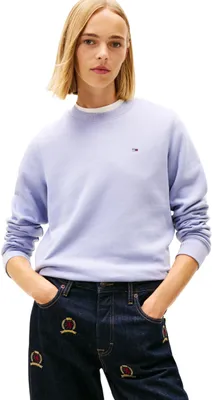 Image de Tommy Jeans, pull à capuche pour femmes, modèle TJW REG S Flag Crew, référence DW0DW19959, couleur bleu (Periwinkle Dusk), taille L. Couleur : bleu (Periwinkle Dusk), taille : L