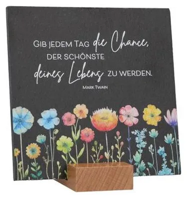 Produktbild von Schiefertafel Die Chance 12x12x1.8 cm mit Motivationstext, bunten Blumen und Holzsockel