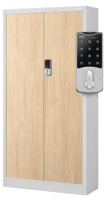Produktbild von Aktenschrank Metallschrank mit Zahlenschloss Büroschrank Flügeltüren Stahlblech 4 Einlegeböden 185 cm x 90 cm x 40 cm grau / Eiche Sonoma