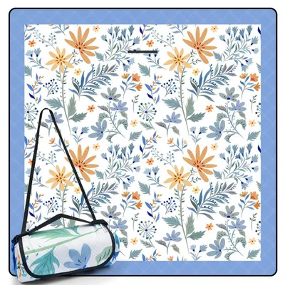 Produktbild von Picknickdecke wasserdicht waschbar XXL Stranddecke Campingmatte isoliert 200 x 200 cm Weiß mit Blumen