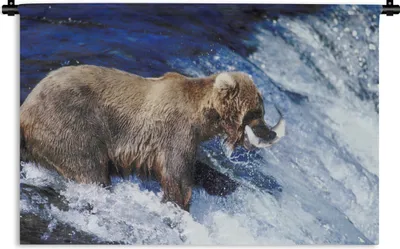 Produktbild von MuchoWow® Wandteppich Wandbehang Bär - Fisch - Wasserfall 90x60 cm Tapisserie Dekoration Wandtuch - Wandskulpturen - Bildteppich