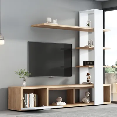 Image de Ensemble de meubles pour salon - Meuble TV - Meuble mural - Meuble multimédia - Ensemble de meubles de rangement - Blanc - Adapté aux téléviseurs jusqu'à 152,4 cm