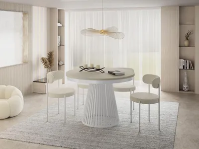 Produktbild von Esstisch Rund Ausziehbar mit Lamellen im Loft-Stil – 100 bis 180 cm – Industrieller Tisch mit Weißen Metallbeinen, Platzsparend für Wohnzimmer oder Esszimmer – Beige Cashmere