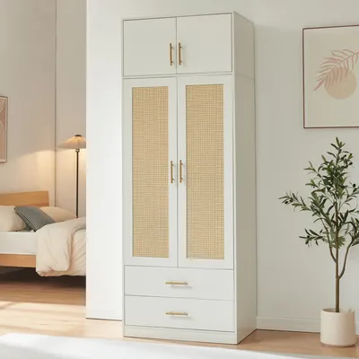 Produktbild von Kleiderschrank 'Larundi' 216 x 80 x 52 cm mit 4 Türen 1 Kleiderstange 1 oberes Fach und 2 Schubladen Weiß/Rattanoptik