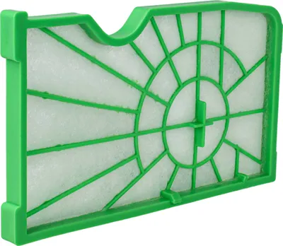 A close-up, slightly angled view of a green and white vacuum cleaner filter.