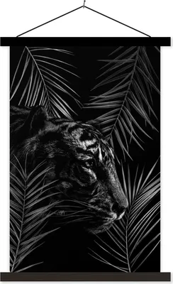 Produktbild von MuchoWow® Textilposter Tiger zwischen den Ästen - schwarz und weiß 120x180 cm mit schwarzem Rahmen - Fotos