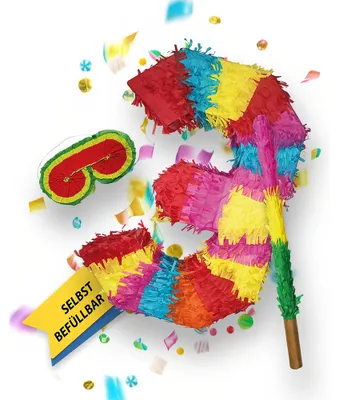 Produktbild von Pinata Zahl 3 Set mit Stab und Augenmaske für Kinder-Geburtstag Schlag-Spiel 50 x 35 x 8cm Dekoration Geburtstagsdeko