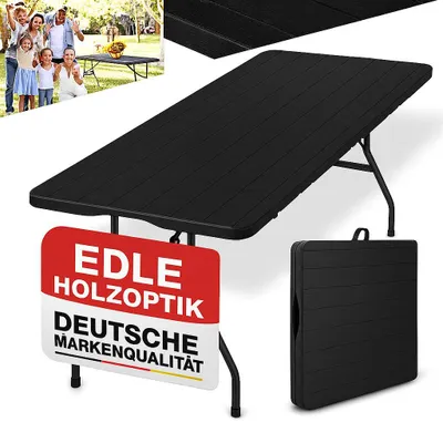 Produktbild von ONBEST Klapptisch Borkum, Schwarz Holzoptik, 180x74x74 cm (BxHxT), Kunststoffplatte mit Aluminium-Stahl-Gestell, wetterfest, UV-beständig, schmutzabweisend, 180 kg Belastbarkeit, Tragegriff, rutschfeste Füße, sichere Verriegelung, Indoor & Outdoor